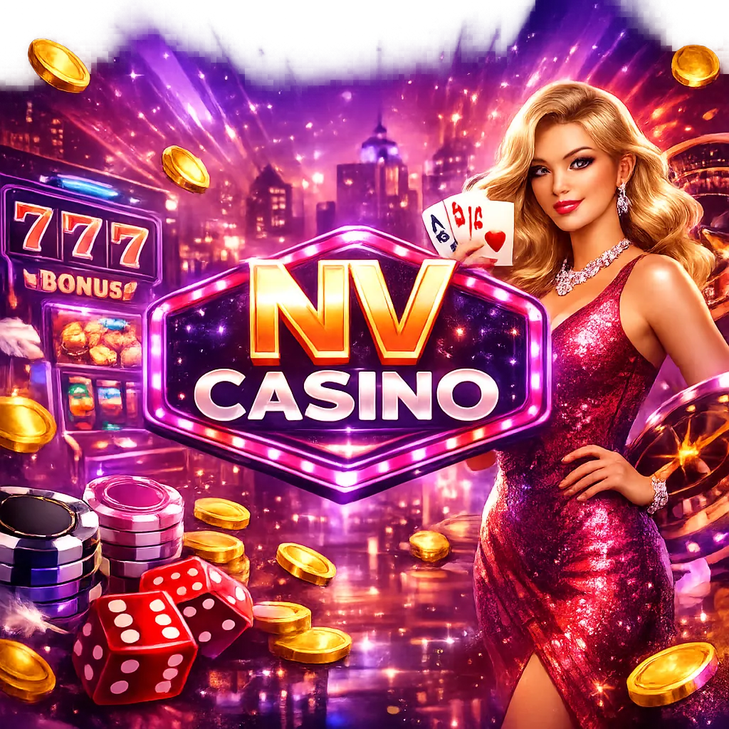 Dynamic promotional image for NV Casino featuring purple-magenta neon, premium glow, modern luxury, and stylish iGaming atmos